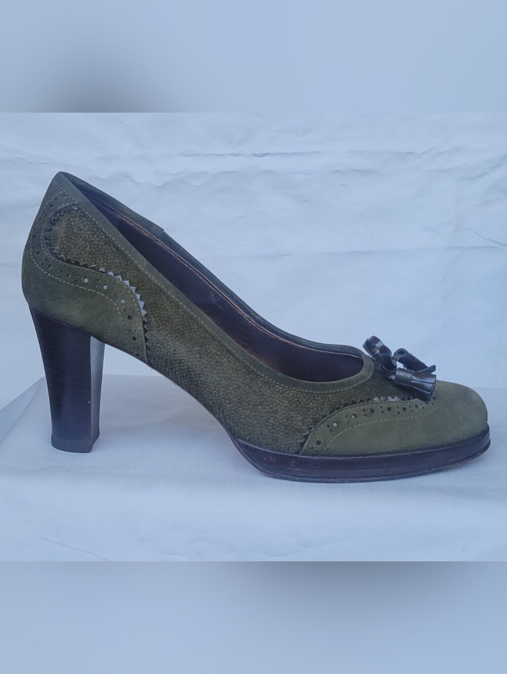 TARYN ROSE Olive Green Suede High Heel Pump with Bow Accent